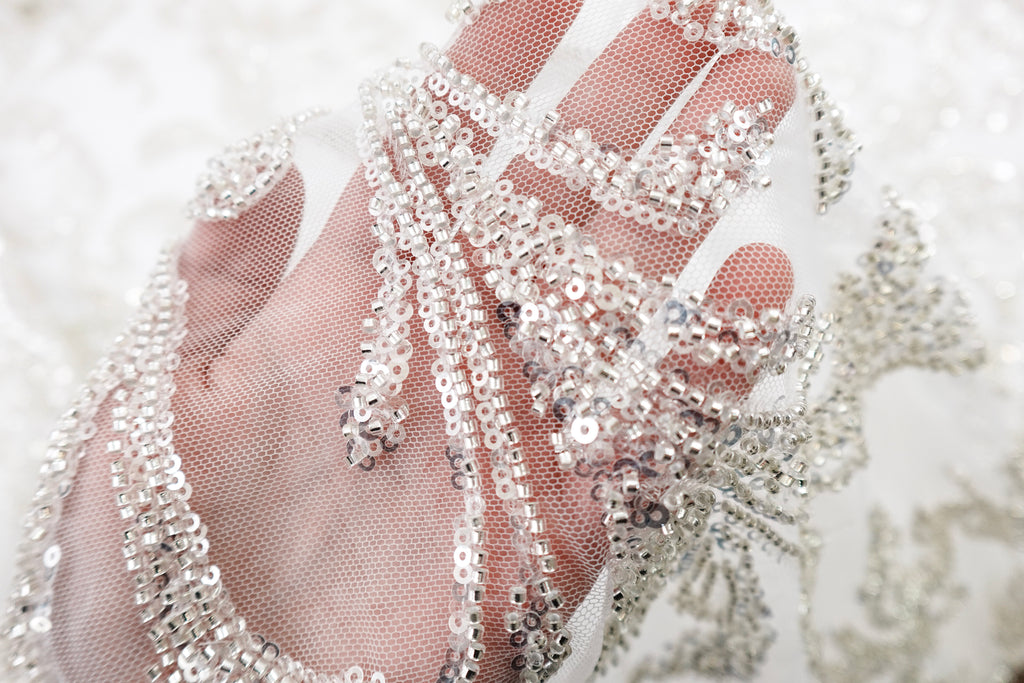 Off-White Sequin and White Gold Beaded Bridal Lace