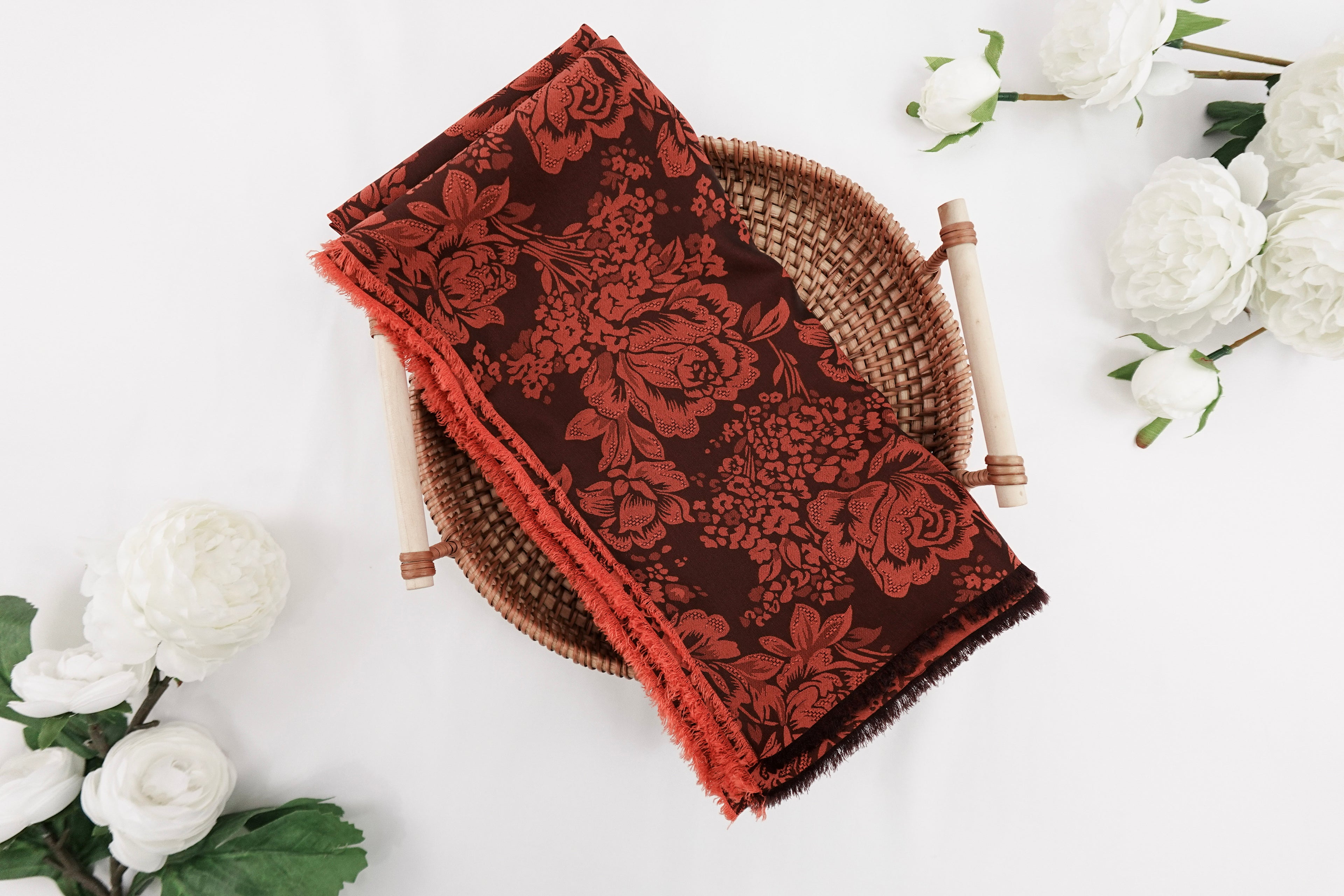 Auburn Roses Design Two Tone Church Scarf with Frayed Edge
